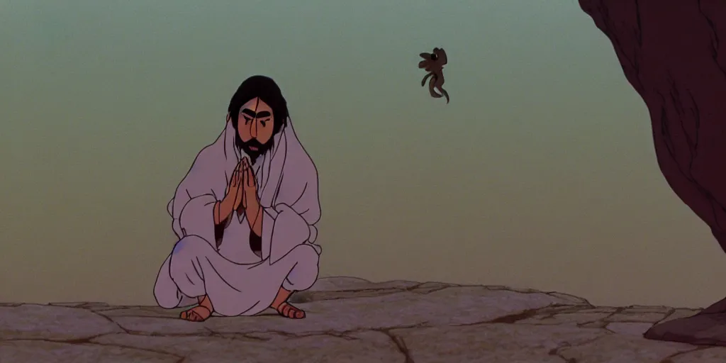 Image similar to a cell - shaded cartoon movie still from princess mononoke ( 1 9 9 7 ) of a middle eastern imam kneeling in prayer. an elegant angel flies above him. very dull muted colors, hd, 4 k, hq