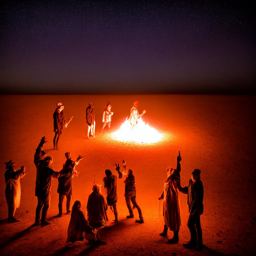 Image similar to atmospheric long exposure night photograph of three ravers, two men, one woman, woman is in a trenchcoat, blessing the soil at night, people facing fire circle, two aboriginal elders, dancefloor kismet, diverse costumes, clean composition, starlight bokeh, desert transition area, bonfire, atmospheric night, australian desert, symmetry, sony a 7 r