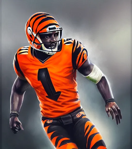 Image similar to highly detailed portrait of ja'marr chase cincinnati bengals football, orange & black uniform with # 1 printed, unreal engine, fantasy art by greg rutkowski, loish, rhads, ferdinand knab, makoto shinkai and lois van baarle, ilya kuvshinov, rossdraws, tom bagshaw, global illumination, radiant light, detailed and intricate environment