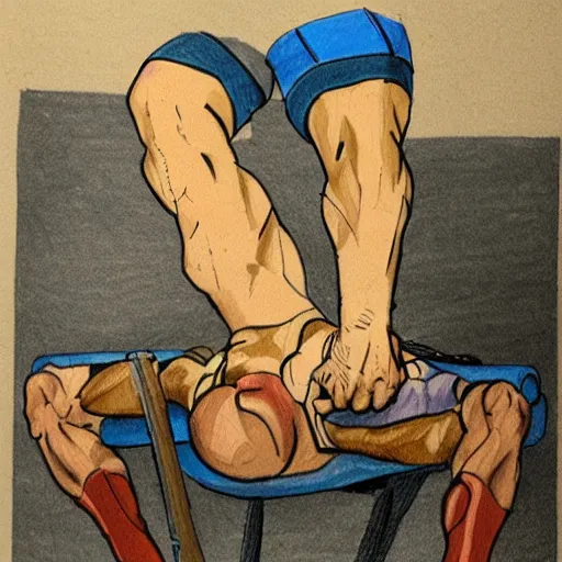 Image similar to coloured drawing of a man leg pressing,