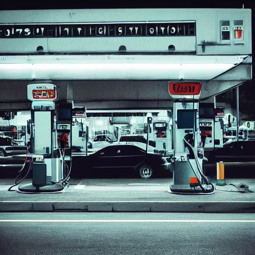 Prompt: “gas station photography, neon, heavy rain, cars, cyberpunk, various subjects, 8k, high detail, digital photography, in the style of William eggleston”