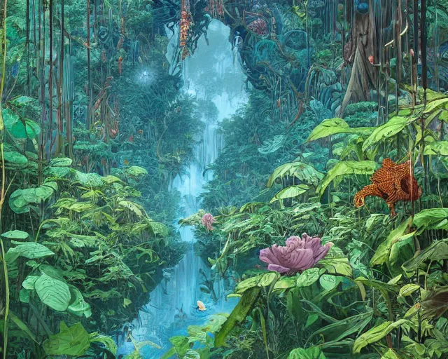 Image similar to a painting of a jungle river in a forest, a photorealistic painting by james jean, behance contest winner, fantasy art, made of vines, concept art, 2 d game art by victo ngai, geof darrow, peter mohrbacher, johfra bosschart, miho hirano