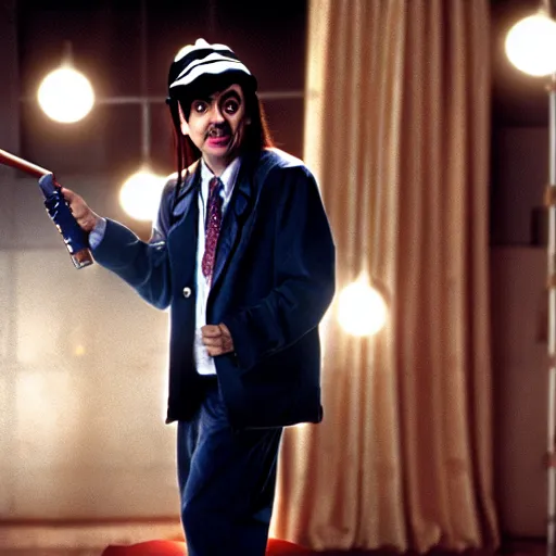 Image similar to mr. bean as wayne from the waynes world movie. movie still. cinematic lighting.