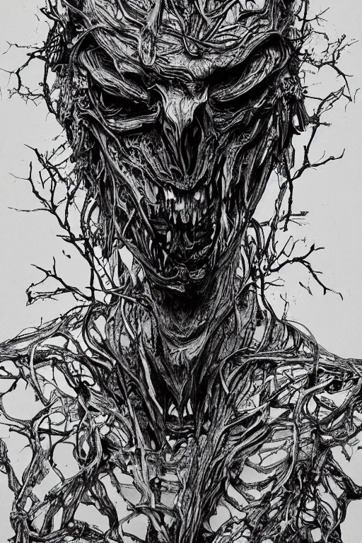 Image similar to black and white illustration, creative design, body horror, rotting monster