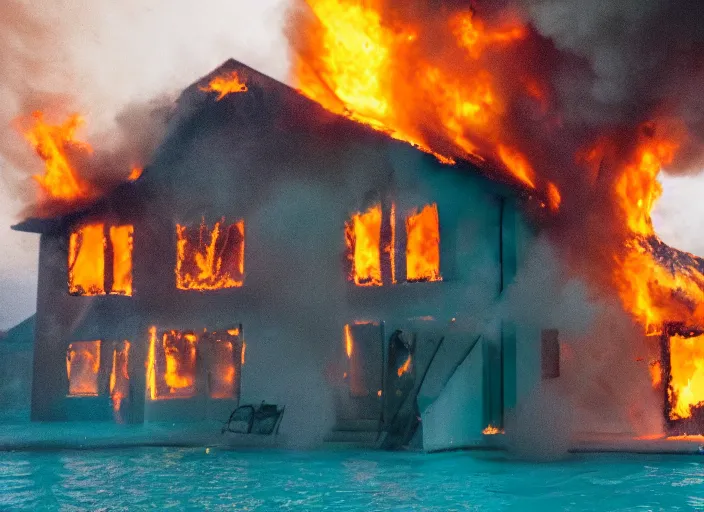 Image similar to dslr photo still of a house on fire under the water under water at the bottom of the ocean with lots of bubbles and light rays, 8 5 mm f 1. 8