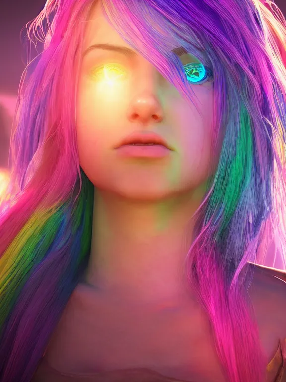 Prompt: portrait art of a girl with fractal rainbow hair 8k ultra realistic , lens flare, atmosphere, glow, detailed, intricate, full of colour, cinematic lighting, trending on artstation, 4k, hyperrealistic, focused, extreme details, unreal engine 5, cinematic, masterpiece