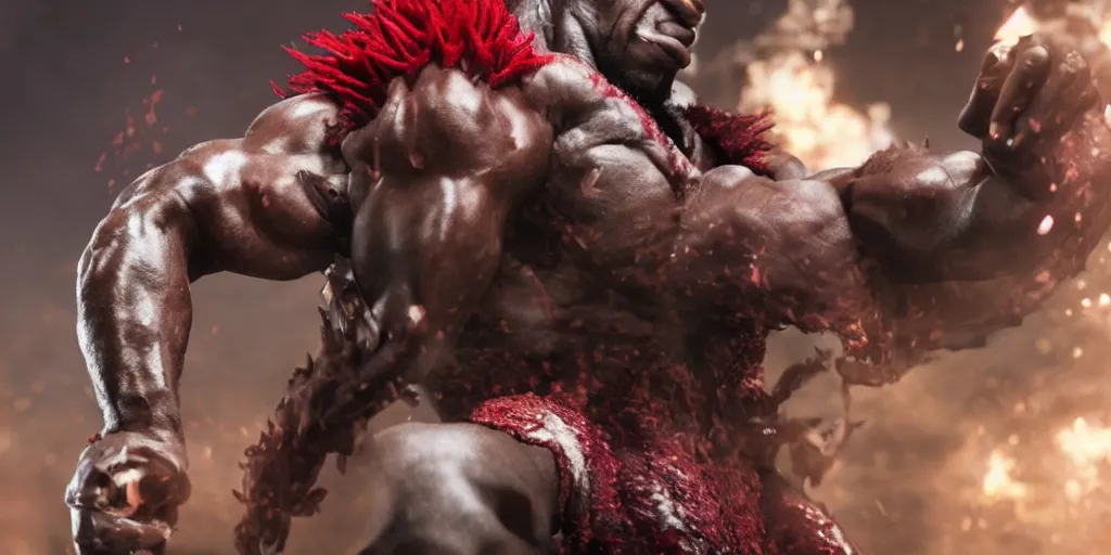 Prompt: a film still of a black man starring in a japanese blockbuster film as akuma from tekken, shallow depth of field, cinematic, award winning cgi, vfx, film still