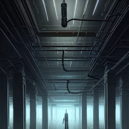 Image similar to professional ominous concept art architecture of a black metalic room with cables hanging from the ceiling by artgerm and greg rutkowski. an intricate, elegant, highly detailed digital painting, concept art, smooth, sharp focus, illustration, in the style of simon stalenhag, wayne barlowe, and igor kieryluk. ( low camera angle )