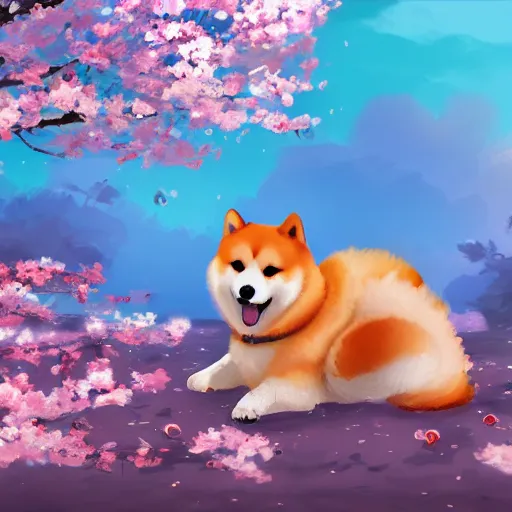 Image similar to a cute fluffy shiba inu plays under the cherry blossom tree, highly detailed, digital painting, artstation, concept art, movie still, smooth, sharp focus uhd 8 k