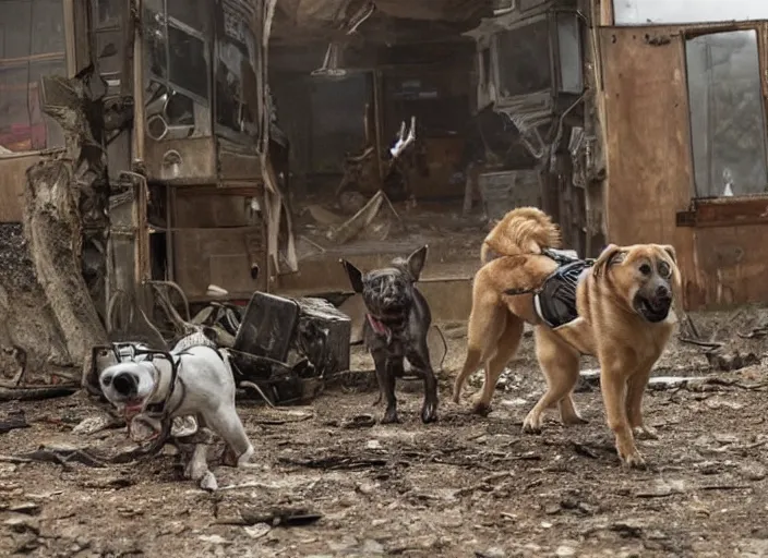 Image similar to A scene from a post-apocalyptic world where the only survivors are dogs