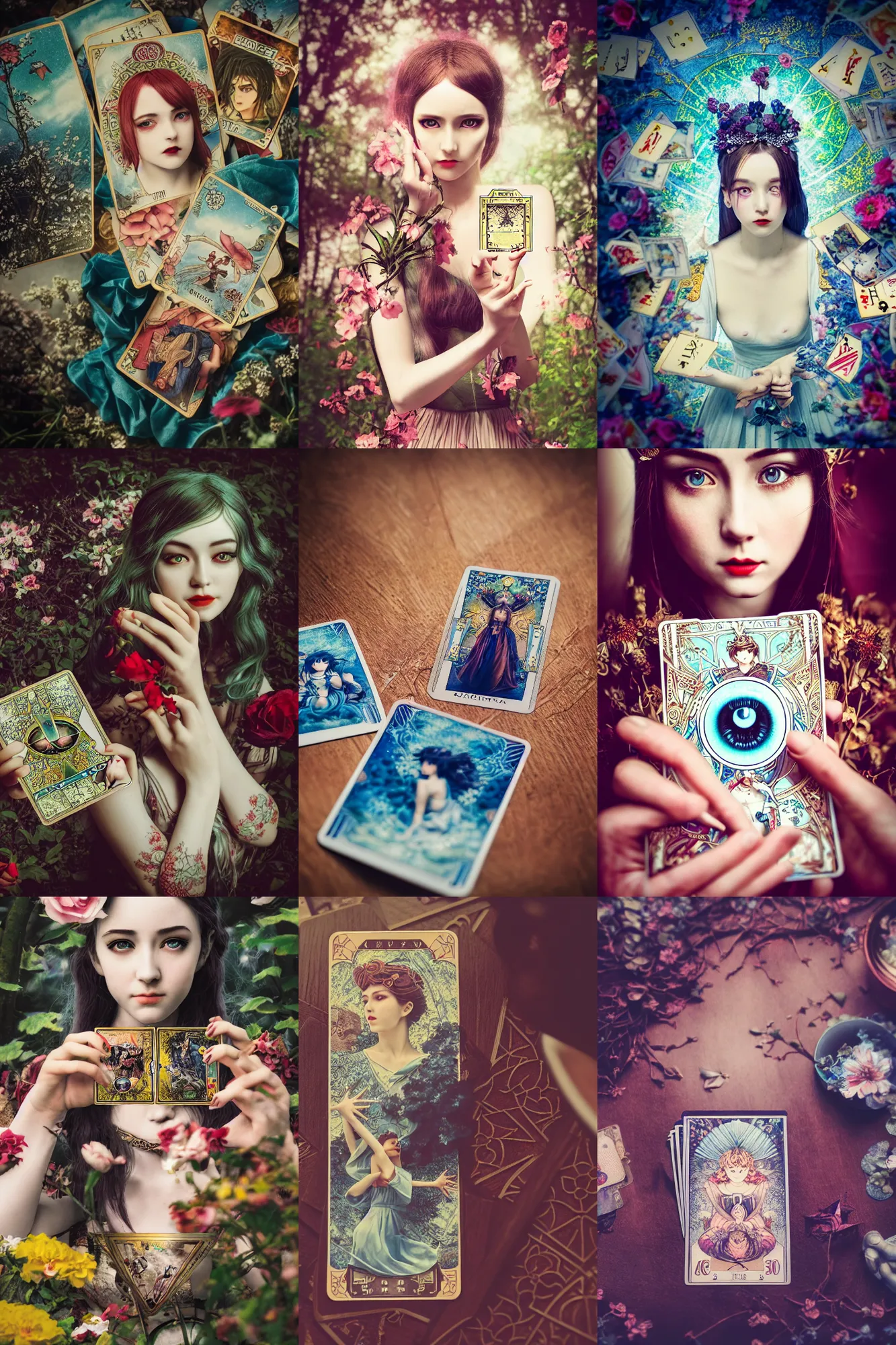 Prompt: Cinestill 50d, 8K, highly detailed, major arcana seinen manga art deco dream Agnieszka Lorek tarot sun card style 3/4 still life, eye contact, focus on card, tilt shift background: famous major arcana tarot card remake, transformation scene