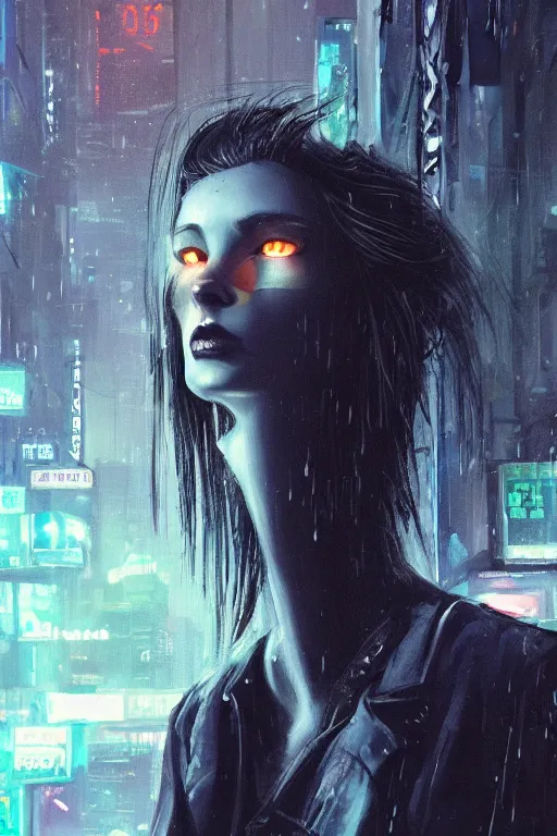 Image similar to beautiful portrait of a tall white female anthro fox smoking a cigarette towering head and shoulders above the bustling crowd of a rainy city street around her, cyberpunk clothes, cyberpunk, harsh neon lights, highly detailed, sharp focus, digital painting, illustration, trending on artstation, art by sakimichan, wlop, greg rutkowski