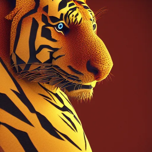 Image similar to polygonal fractal tiger, highest quality and details setting, concept art, 3d render, trending on artstation