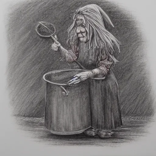 Image similar to An old wrinkled witch stirring her cauldron. Red chalk on paper mounted on board.