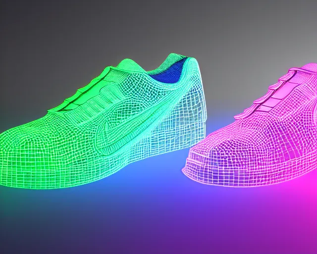 Prompt: A 3D model of of futuristic nike sneakers with neon lights from below, highly detailed, award winning