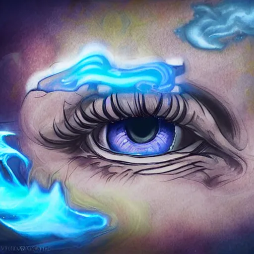 Prompt: giant eye magic spell, magic spell surrounded by magic smoke, hearthstone coloring style, epic fantasy style art, fantasy epic digital art