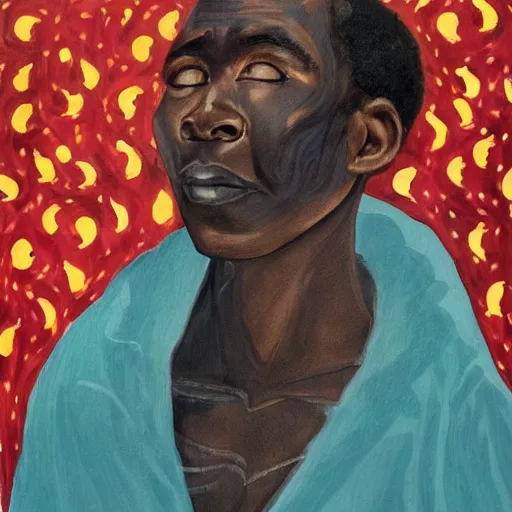 Image similar to a painting of a elegant, well fed, smooth-chinned, long nose, African elder with few eyebrows by Wangechi Mutu . thinker without facial hair, thoughtful, focused, visionary, calm, jovial, loving, fatherly, generous, . dramatic angle, ethereal lights, details, smooth, sharp focus, illustration, realistic, cinematic, artstation, award winning, rgb , unreal engine, octane render, cinematic light, macro, depth of field, blur, red light and clouds from the back, highly detailed epic cinematic concept art CG render made in Maya, Blender and Photoshop, octane render, excellent composition, dynamic dramatic cinematic lighting, aesthetic, very inspirational, arthouse.