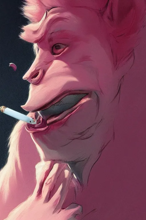 Image similar to realistic antropomorphic sad wolf wearing pink shirt and smoking cigarette, digital painting, artstation, concept art, smooth, sharp focus, illustration, art by kezie demessance, artgerm, james jean, jean giraud, edward hopper, gaston bussiere and greg rutkowski