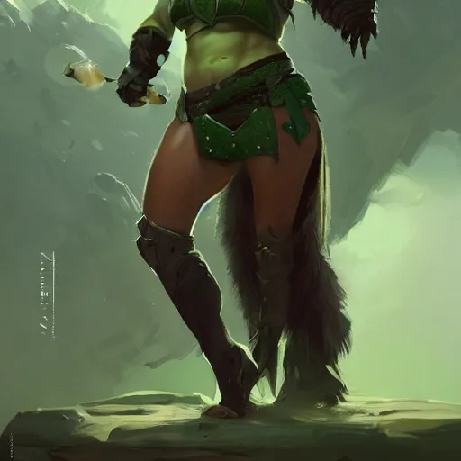 Image similar to a full character portrait of a toned physique green orc woman with a ponytail in full plate armor, by greg rutkowski, wlop, trending on artstation