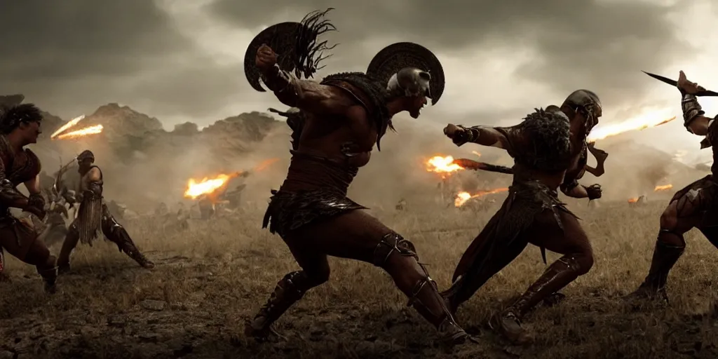 Image similar to epic battle screen of hero, film still from the movie'3 0 0'( 2 0 0 6 ), 3 d, 8 k realistic, cryengine, playstion 5 screen, cinematic lighting