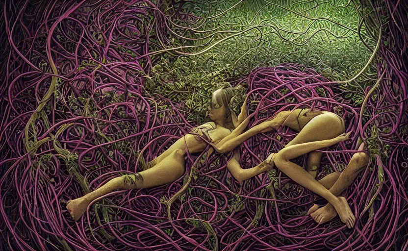 Image similar to a person trapped in the fetal position inside of extremely thick vines intertwined, central circular composition, high saturation, epic lighting, in the style of Peter gric and Hannah yata 8k