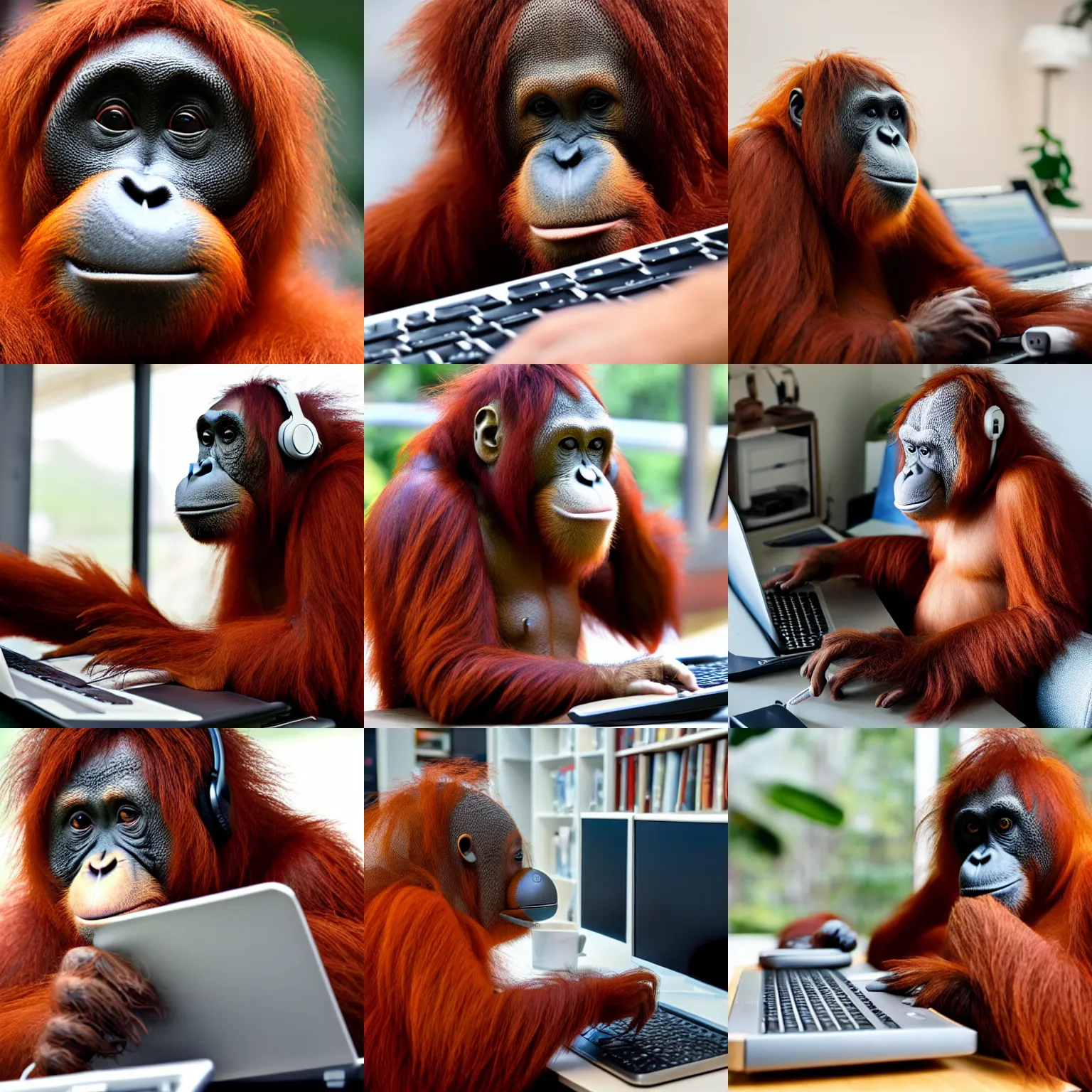 Prompt: an orangutan fluffy plushwearing headphones while using a computer