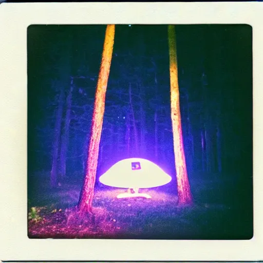 Image similar to a ufo with glowing lights flying over a forest at night, old polaroid, expired film,