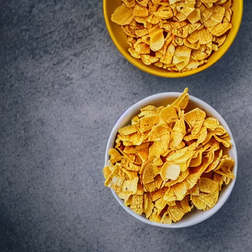 Prompt: professional photo of a bowl of cornflakes in milk on a yellow table shot from above