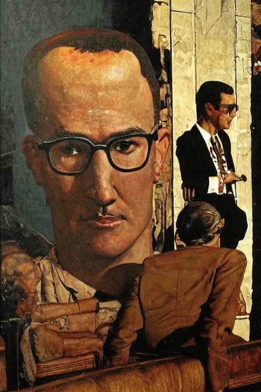 Prompt: a closer personal portrait of the zodiac killer, very charismatic. in the old ancient temple of luxor. masterpiece, dark. painted by norman rockwell and james gurney