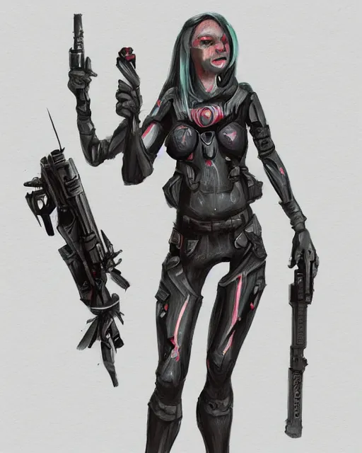 Image similar to sci fi goblin girl holding a laser rifle, concept art, full body