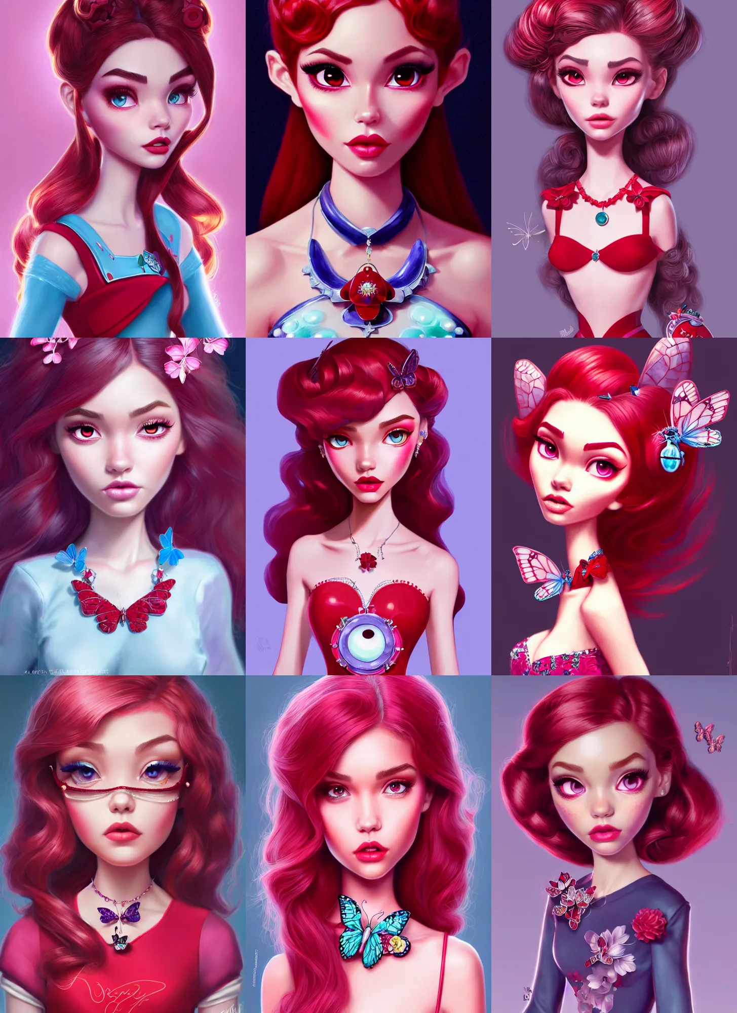 Prompt: pixar portrait, beautiful porcelain ruby red blossom powerpuff girl pearl, madison beer, butterfly jewelry, sci - fi, fantasy, intricate, elegant, highly detailed, digital painting, ever after high, octane render, artstation, concept art, smooth, sharp focus, illustration, art by artgerm, loish, wlop