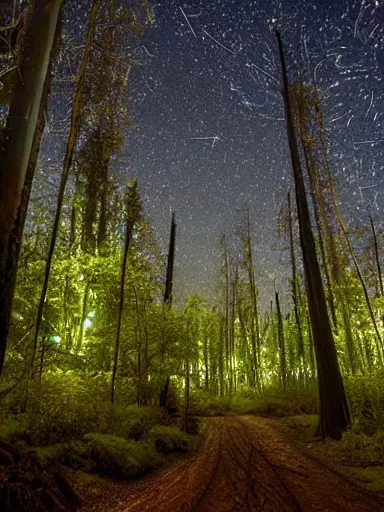 Image similar to wrought silver forest under a moonlit star filled sky filled with fireflies