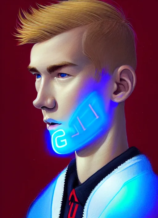 Image similar to portrait of high school senior boy named big moose, blonde short hair, jock, beefy, wide face, square jaw, square facial structure, blue varsity jacket with letter r, intricate, elegant, glowing lights, highly detailed, digital painting, artstation, concept art, sharp focus, illustration, art by wlop, mars ravelo and greg rutkowski