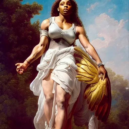 Image similar to Full body Portrait of Serena Williams as Nike Goddess, large wings, luxuriant, dreamy, eternity, romantic, strong pose, highly detailed, in the style of Franz Xaver Winterhalter, highly detailed, in the style of Aetherpunk