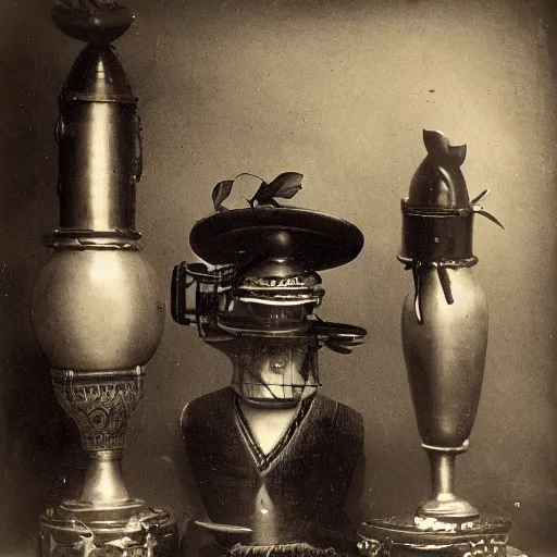 Image similar to Tintype photography of exotic objects, magic objects, ethnographic museum, indigenous, salvaje, nature and culture, 1920s studio lighting.