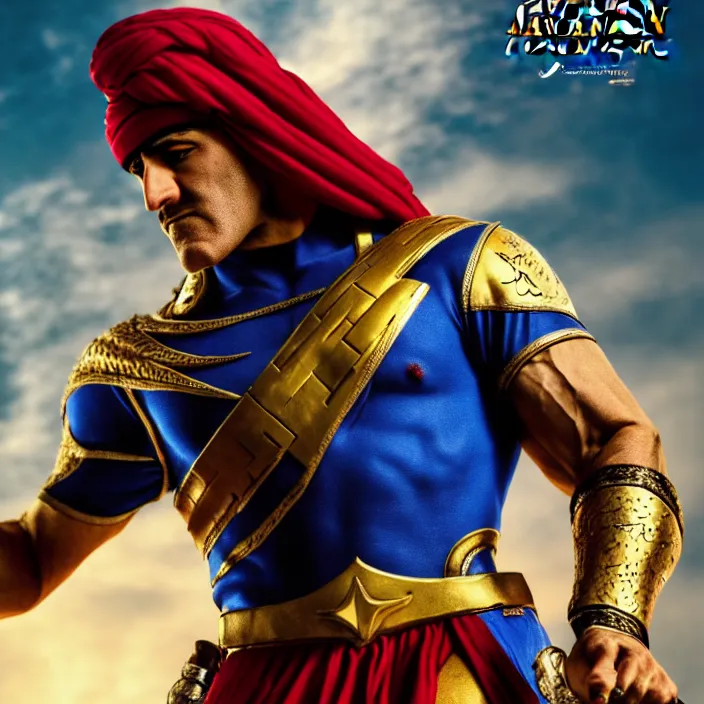 Prompt: cinematic portrait, captain falcon as sheik mohammad ruler of dubai, head and chest only, masterpiece, medieval arabia, sharp, details, hyper - detailed, hd, 4 k