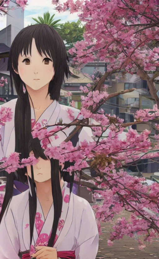 Prompt: anime style, gta 5, panoramic centered view of girl, girl in center, yukata clothing, sakura tree in background, short hair, hair down, symmetrical facial features, from arknights, hyper realistic, extreme detail, volumetric lights, 4 k drawing, safebooru, realistic lighting, by alphonse mucha, greg rutkowski, sharp focus, backlit