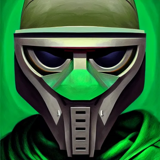 Prompt: portrait of mf doom, steel mask, green hood, intricate, elegant, highly detailed, digital painting, artstation, concept art, smooth, sharp focus, illustration, by anato finnstark, boissb - blanca. j, cindy avelino, clint cearley, anna podedworna