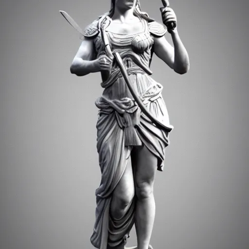 Prompt: beautiful marble statue of athena, hoplite armor, sword in her hands, realistic proportions, realistic face, hyperrealistic, 8 k, full size photo, artstation