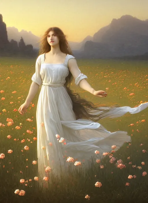 Image similar to oil painting portrait of a young woman with long flowing hair in a white dress, dancing through a field of flowers at sunset with mountains in the background, hazy, digital art, chiaroscuro, artstation, cinematic, golden hour, digital art painting by greg rutkowski, william - adolphe bouguereau, hazy atmosphere, flowers, cinematic lighting