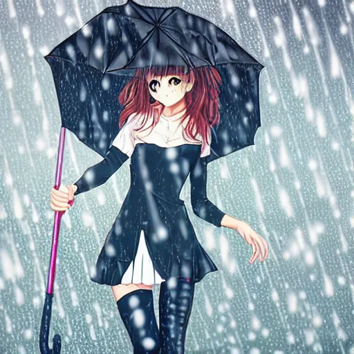 Image similar to anime girl in copron tights, in full growth, beautiful appearance, curly hair, holding an umbrella and it's raining, beautiful figure