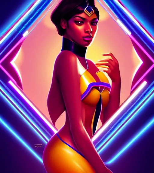 Image similar to symmetry!! egyptian princess of technology, solid cube of light, hard edges, product render retro - futuristic poster scifi, lasers and neon circuits, brown skin gorgeous egyptian princess, intricate, elegant, highly detailed, digital painting, artstation, concept art, smooth, sharp focus, illustration, dreamlike, art by artgerm