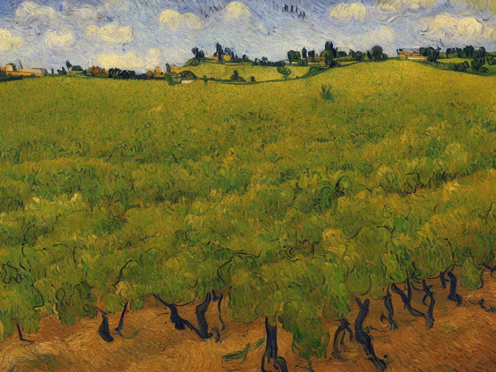 Image similar to trending on artstation, an idyllic vineyard, oil on canvas, in the style of Vincent van Gogh