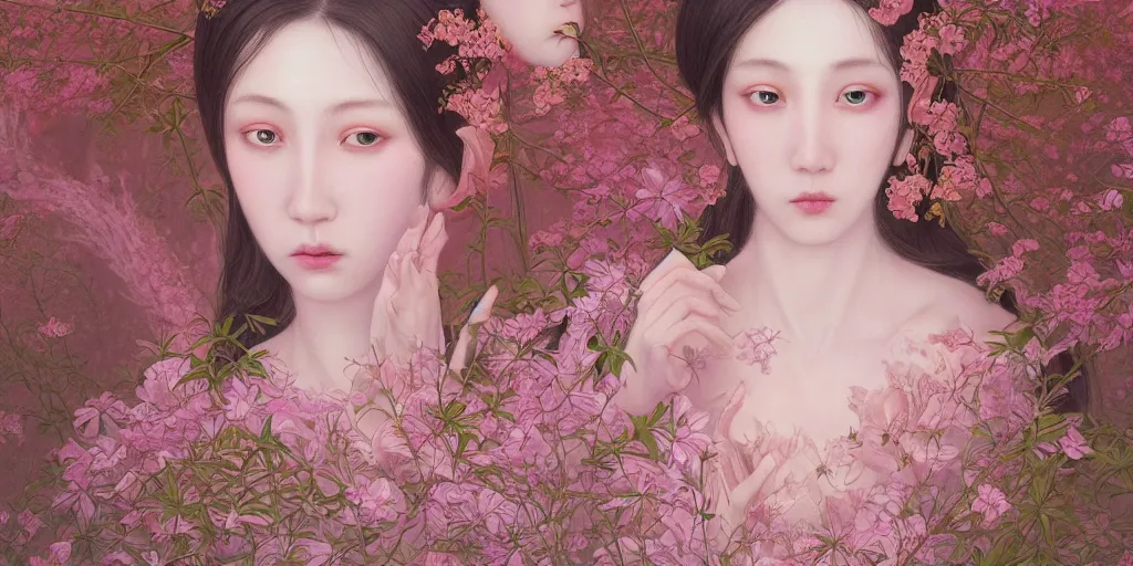 Image similar to breathtaking detailed weird concept art painting of few goddesses of light pink flowers, orthodox saint, with anxious, piercing eyes, ornate background, amalgamation of leaves and flowers, by Hsiao-Ron Cheng, extremely moody lighting, 8K