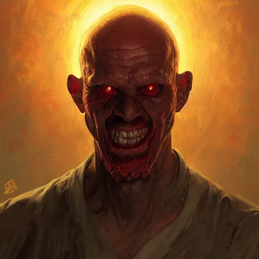 Image similar to portrait of a red bald man with black eyes and a black smile, horror, glowing eyes, by Stanley Artgerm Lau , greg rutkowski, thomas kindkade, alphonse mucha, loish, norman rockwell. Trending on artstation detailed illustration hd 4k