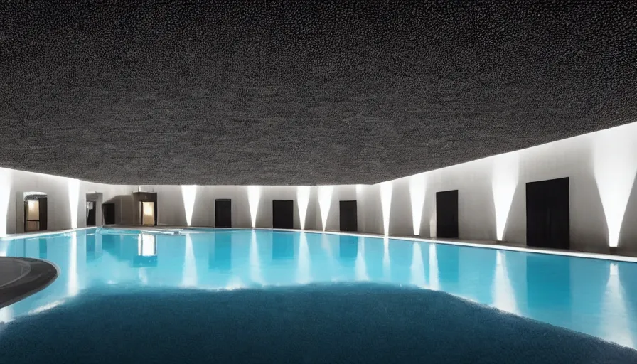 Prompt: symmetrical establishing shot of The unsettling courtyard of a monochrome modernist hotel designed by Luis Barragán, An empty swimming pool in the foreground. Ceiling is made of thousands of brilliant crystals scattered Single point perspective photographed by Wes Anderson and Andreas Gursky. Cinematic, dramatic lighting, moody, eerie, illustration, uncanny, creepy Sigma 75mm, very detailed, golden hour, Symmetrical, centered, intricate, Dynamic Range, HDR,