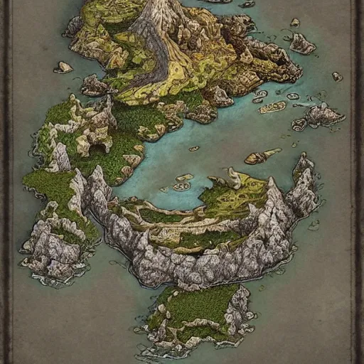 Image similar to an isometric fantasy map, the land of Odrua, uncluttered, bordered by ocean, continent with mountains lakes hills and cities, by brian froud by jrr tolkien in the dungeons and dragons and disney styles