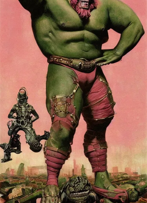 Image similar to 5 0 s pulp scifi fantasy illustration full body portrait martyn ford as huge monstrous armoured giant, pink and green, by norman rockwell, roberto ferri, daniel gerhartz, edd cartier, jack kirby, howard v brown, ruan jia, tom lovell, frank r paul, jacob collins, dean cornwell, astounding stories, amazing, fantasy, other worlds