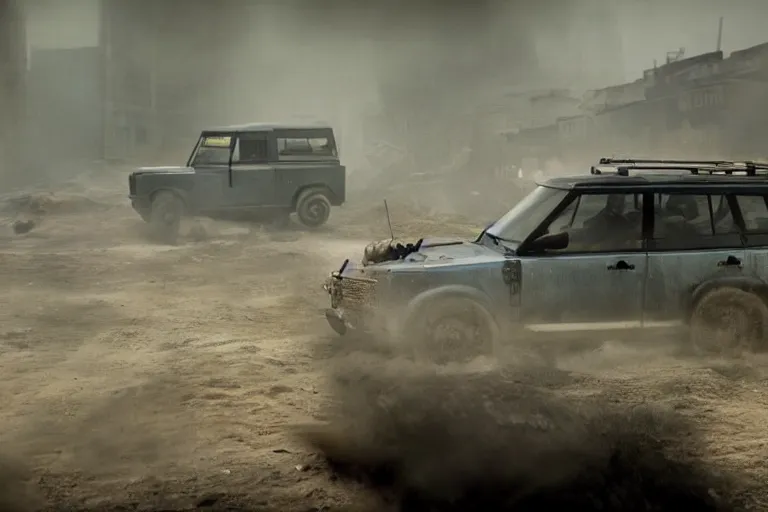Image similar to A cinematic film still of a Land Rover in the movie Blade Runner: 2049.
