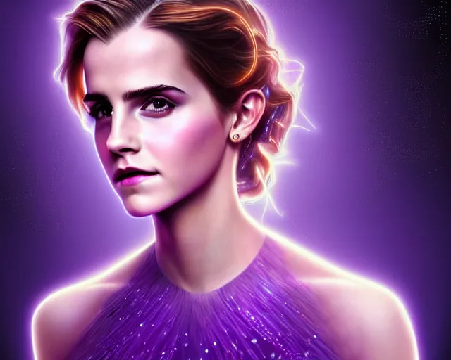 Prompt: portrait of emma watson, fractal neon glowing diagram background, intricate purple dress, digital art by artgerm and karol bak